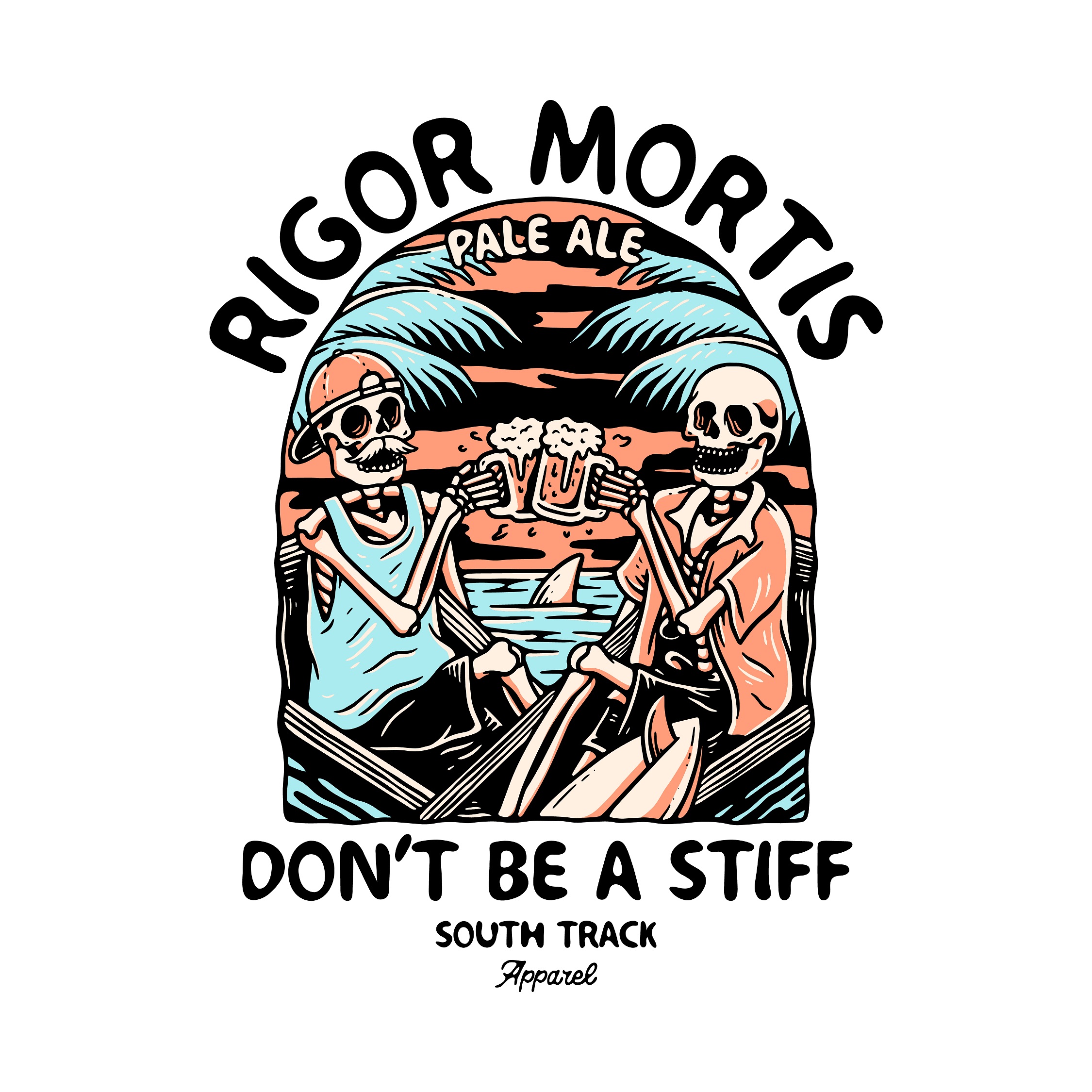 Recreated Rigor Mortis skeleton illustration with black outer lettering on a white background